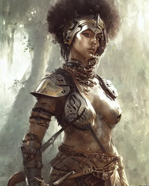 Prompt: digital art of a warrior woman in a jungle wearing heavy medieval knights armor, character art, by greg rutkowski, detailed face, beautiful face, drawing