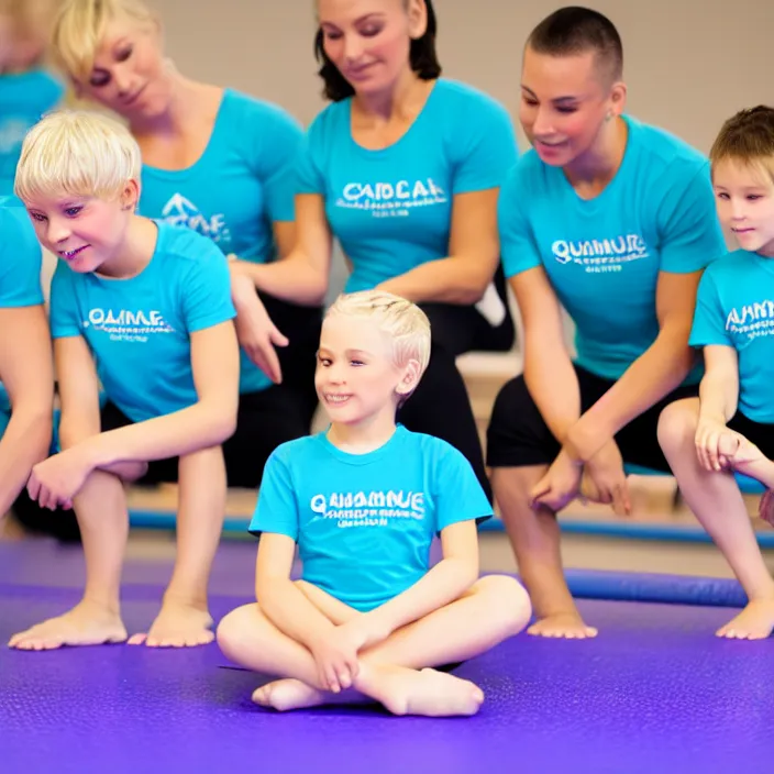 Prompt: blonde ymca gymnastics coach with aquamarine t shirt with y logo on it teaching kids gymnastics, high detail, good lighting