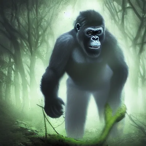 Image similar to demonic gorilla in magical forest, dark atmosphere, high detail, soft lighting