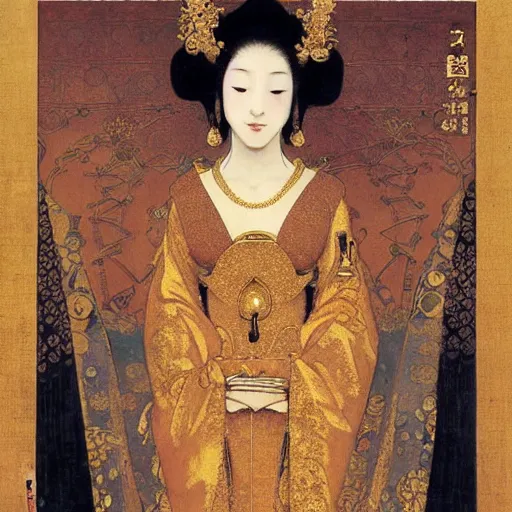 Image similar to a queen in a gold dress, ancient, japanese art, oil painting, otomo, amano, bouguereau, gustave moreau