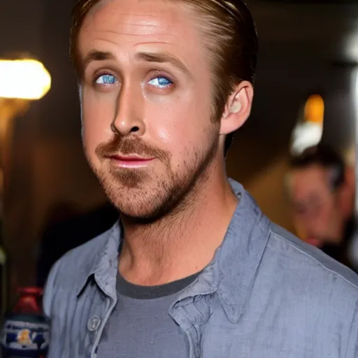 Image similar to Ryan Gosling drinks a huge mug of beer