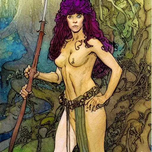 Image similar to a realistic and atmospheric watercolour fantasy character concept art full body image of a young jane fonda in her 2 0 s as a druidic warrior wizard looking at the camera with an intelligent gaze by rebecca guay, michael kaluta, charles vess and jean moebius giraud