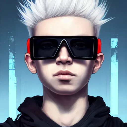 Prompt: beautiful full portrait of a boy, white hair, symmetrical face + wearing cyberpunk glasses, streetwear, like a fashion model + high detailed, resolution beautifully detailed landscape trending on artstation 8 k, cinematic, epic detailed trending on artstation 8 k, by bukurote + krenz cushart + ryota - h + wlop