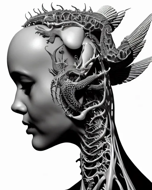 Prompt: a black and white 3D render of a young beautiful female angelic-dragon-cyborg bust with a very long neck, 150 mm lens, Mandelbrot fractal, anatomical, flesh, facial muscles, veins, arteries, full frame, microscopic, elegant, highly detailed, flesh ornate, orchids, cable wires, elegant, high fashion, rim light, octane render, in the style of H.R. Giger and Man Ray, Realistic, Refined, Digital Art, Highly Detailed, Cinematic Lighting, rim light, black and white, photo-realistic, 8K