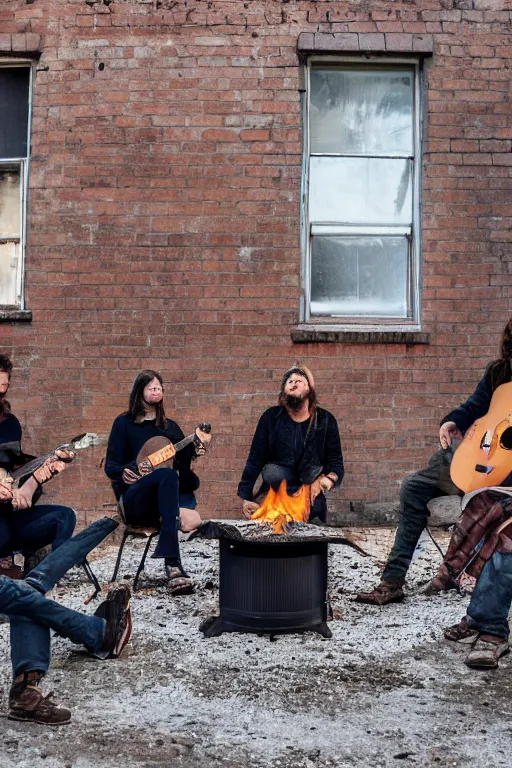 Image similar to Four stalkers sit with guitars by the fire near an abandoned brick house