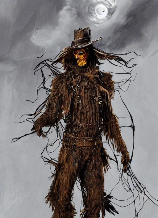 Prompt: powerful male scarecrow, willem dafoe as scarecrow, full body character concept, covered in full leather armor, art nouveau, super powers, fantasy, intricate, elegant, highly detailed, digital painting, artstation, concept art, shining, sharp focus, terrifying, horror, fear, scary, illustration, art by stanley lau