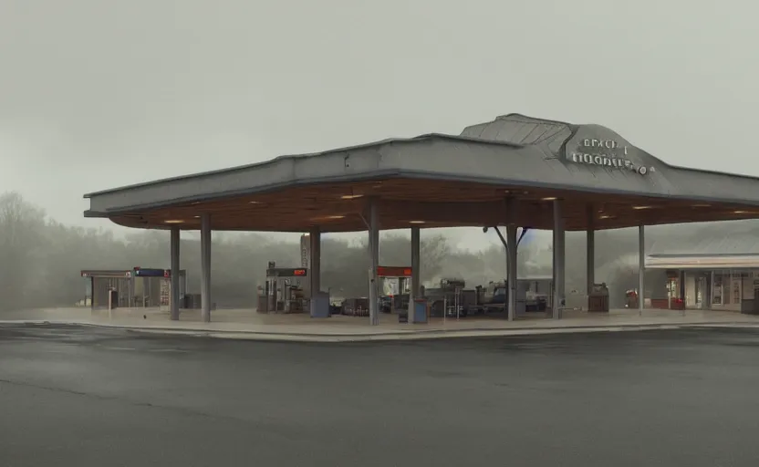 Image similar to a strange exterior of the port byron travel plaza in upstate new york, moody scene directed by charlie kaufman ( 2 0 0 1 ) anamorphic lenses, foggy volumetric light morning, cinematic trending on artstation in the style of greg rutkowski