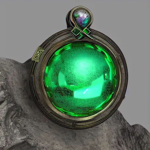 Image similar to shiny metallic amulet with a glowing emerald, highly detailed, concept art, beautiful, octane render, realistic, unreal engine, sharp focus