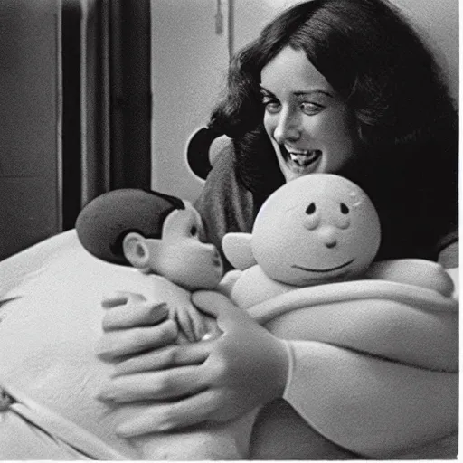 Image similar to happy woman who has given birth to a squishy inflatable toy, in hospital bed, 1974 color Fellini film, archival footage, technicolor film, 16mm, wacky children's tv with anthropomorphic animal