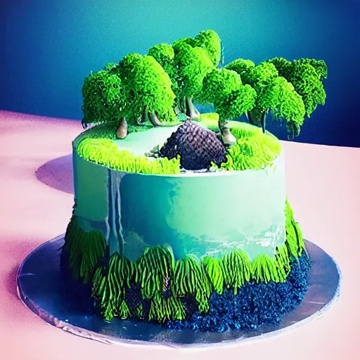 Image similar to “ a birthday cake in a lush landscape by Beeple”