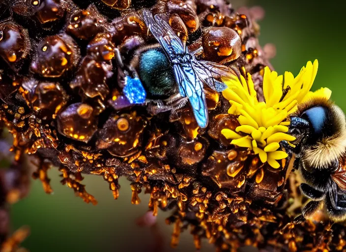 Prompt: super macro of a bee with cybernetic body drinking from a flower in the forest. fantasy magic style. highly detailed 8 k. intricate. nikon d 8 5 0 3 0 0 mm. award winning photography.