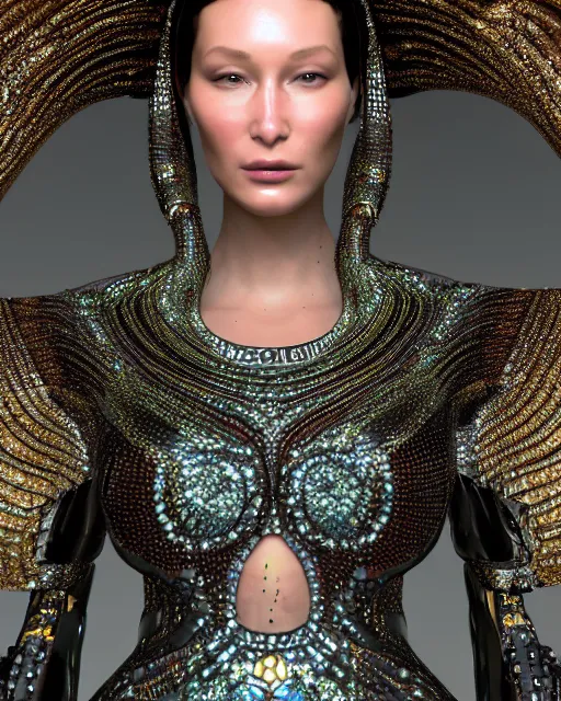 Image similar to a highly detailed metahuman 4 k close up render of an alien goddess bella hadid android in iris van herpen dress schiaparelli in diamonds crystals swarovski and jewelry iridescent in style of alphonse mucha gustav klimt trending on artstation made in unreal engine 4