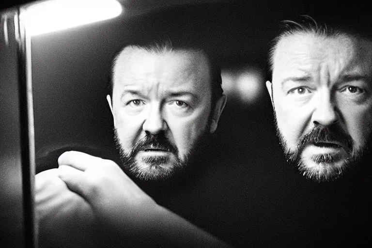 Prompt: a cinematic painting of ricky gervais looking through a steamed up limousine window, paparazzi, beautiful lighting, high depth, ultra realistic, artistic, by annie leibovitz