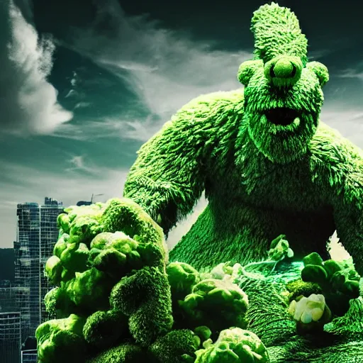 Image similar to green popcorn giant monster destroying city