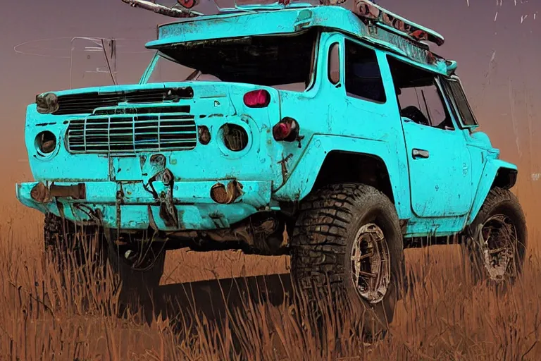 Image similar to digital illustration of a futuristic faded cyan mad max's fj 4 0 decrepit!!!! pursuit special, rusty!!! cyberpunk nissan fj cruiser heavily modded 1 9 9 0 s, the last v 8 interceptor by makoto shinkai, ilya kuvshinov, lois van baarle, rossdraws, basquiat