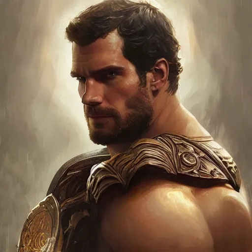 Prompt: henry cavill as a warrior, upper body, muscular, fantasy, intricate, elegant, highly detailed, digital painting, artstation, concept art, smooth, sharp focus, illustration, art by artgerm and greg rutkowski and alphonse mucha