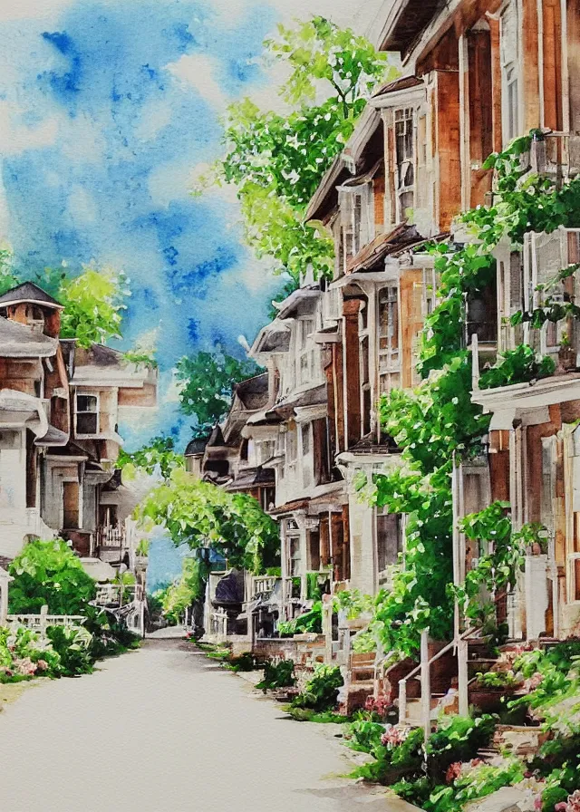 Image similar to street lined with old residential houses summer watercolor by arti chauhan trending on artstation