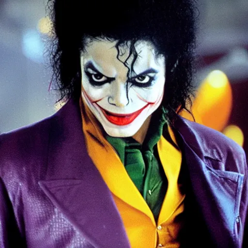 Prompt: michael jackson as the joker, movie frame