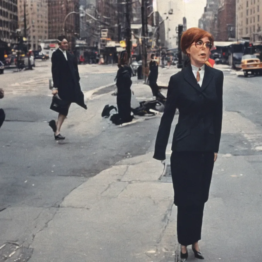 Image similar to portrait of a woman in a suit in the streets of new york, 1 9 6 0 s, colour film street photography, photo taken with ektachrome, featured on flickr, photographed on damaged film