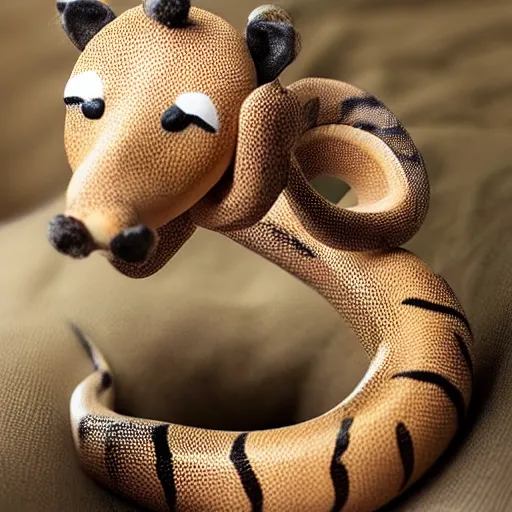 Image similar to baby snake wearing fake giraffe ossicones, tucked into its little bed, highly detailed, high definition, ultra realistic, soft focus