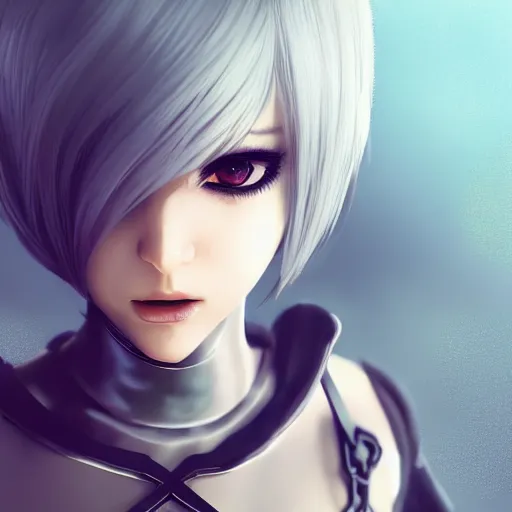 Prompt: 2B nier automata holding a apple, detailed, artstation, concept art, Unreal Engine 5 render, gameplay showcase, 8K