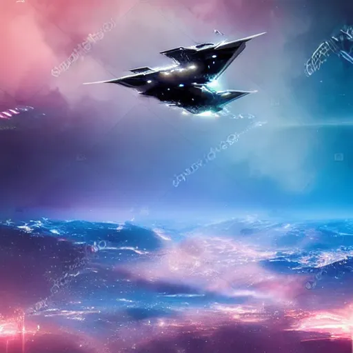 Image similar to ultra detailed sci fi spaceship flying in the sky under rain, bloom, contrasted lights