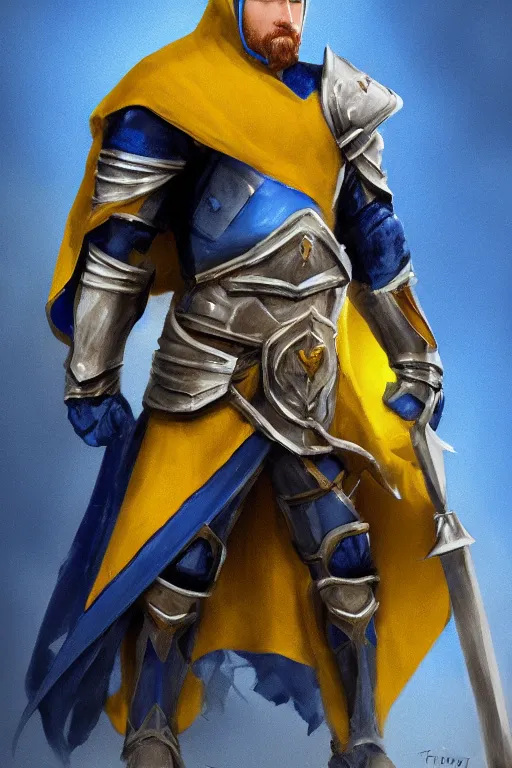 Image similar to a knight with blue tabard and a yellow cape and steel pauldrons and short blonde hair and a short blonde beard, realistic, detailed, trending on ArtStation, by Tony Sart