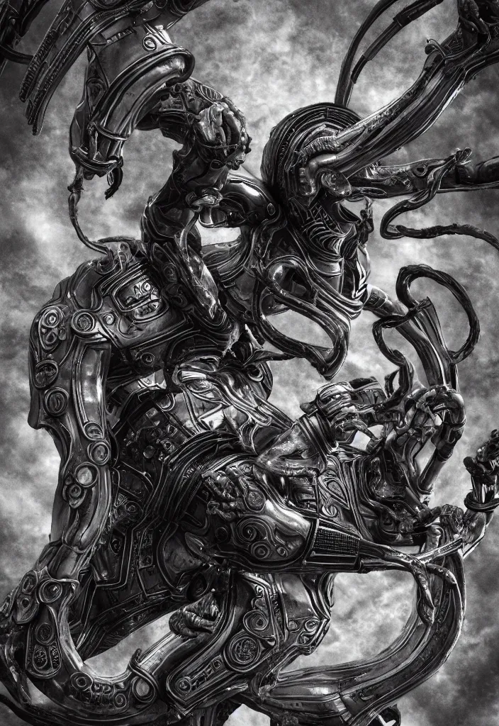 Image similar to engineer prometheus, xenomorph alien, highly detailed, symmetrical long head, smooth marble surfaces, detailed ink illustration, raiden metal gear, cinematic smooth stone, deep aesthetic, concept art, post process, 4k, carved marble texture and silk cloth, latex skin, highly ornate intricate details, prometheus, evil, moody lighting, hr geiger, hayao miyazaki, indsutrial Steampunk