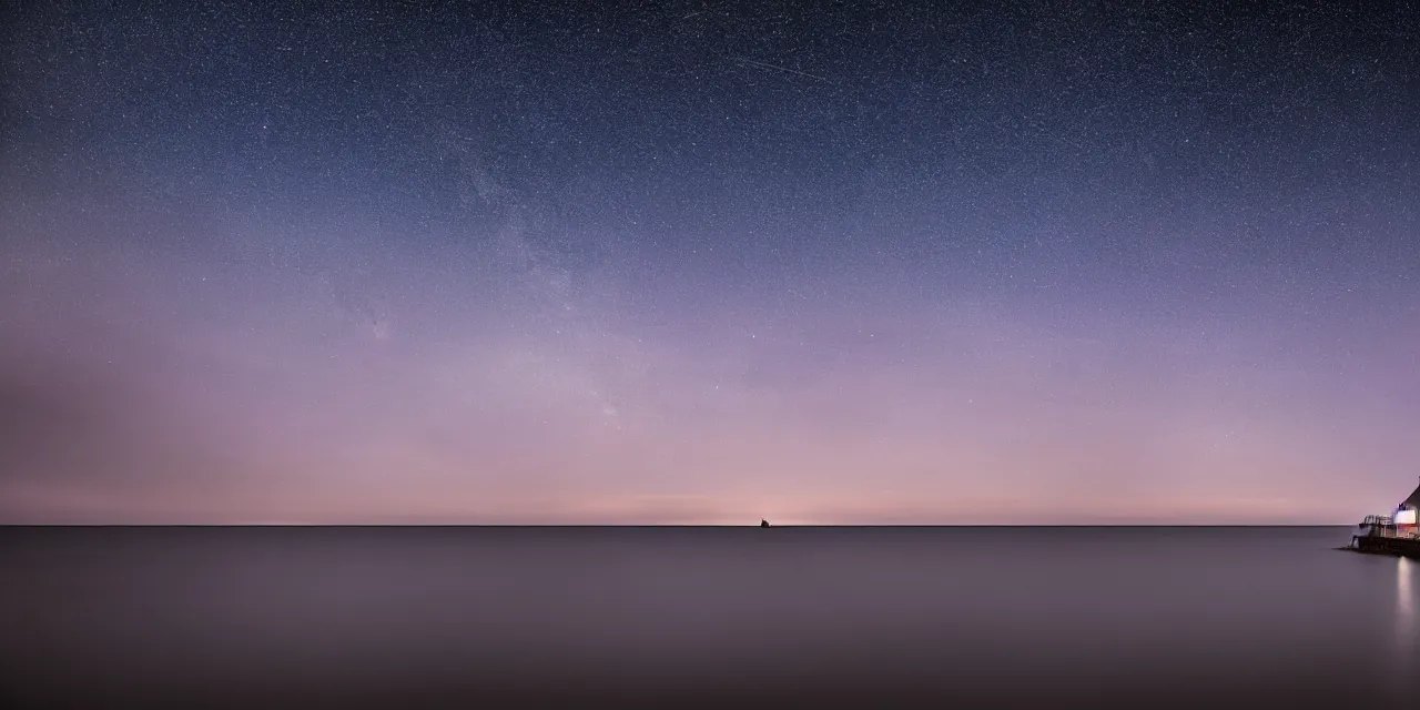 Image similar to a beautiful painting of ultra wide angle blue ocean, dream moon, starry sky, milky way, beach, harbor, castle, dream, by mikko lagerstedt