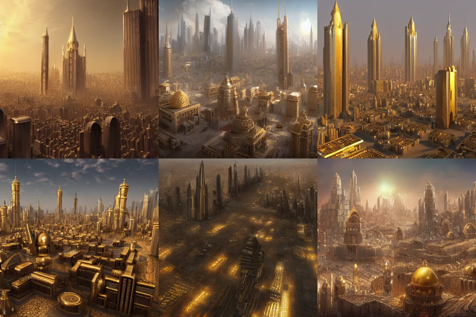 Prompt: Futuristic middle eastern city made out of gold. Elaborate buildings. Ground level view looking at the skyline. Biblical atmosphere. Spiritual. Detailed matte painting trending in artstation