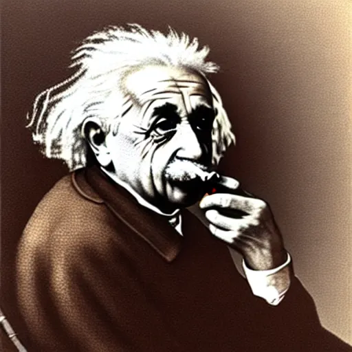 Image similar to Albert Einstein smoking a cigar while holding a bottle of wine in his hand, sitting on a bench in the park, highly detailed, full body, sad atmosphere, in the style of Roberto Ferri