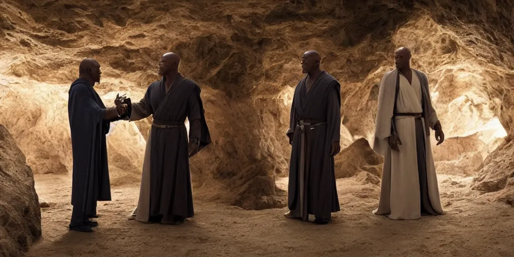Prompt: obi - wan kenobi disney plus show, played by ewan mcgregor finds and discovers old mace windu is alive in a cave played by samuel l jackson, greet eachother, side by side, old friends, ultra realistic, 4 k, movie still, uhd, sharp, detailed, cinematic, render, modern