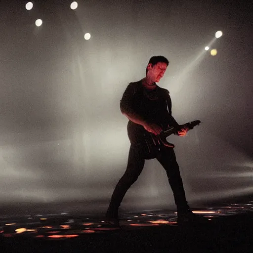 Image similar to dusty Trent Reznor smashing guitars, group of people on stage playing instruments, elaborate stage effects, dust, smoke, giant LED screens, colored projections, ultrafine detail, goth cybersuit, glowing thin wires, smoke, high contrast, projections, a screenshot by David Gilmour Blythe, holography, tesseract, volumetric lighting, anamorphic lens flare