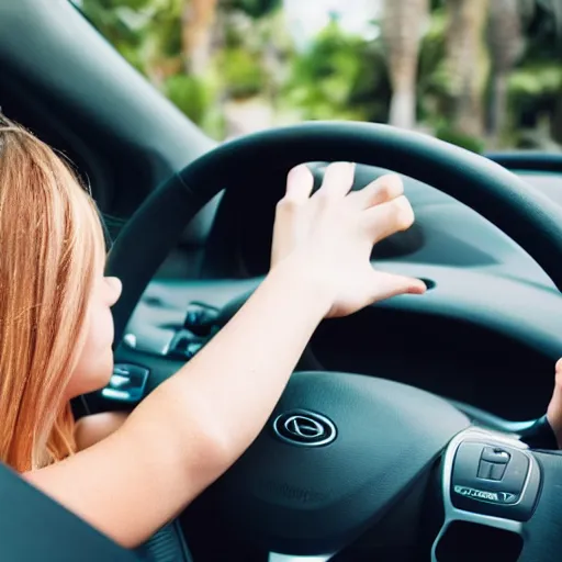 Image similar to human with frog face driving car, palm trees