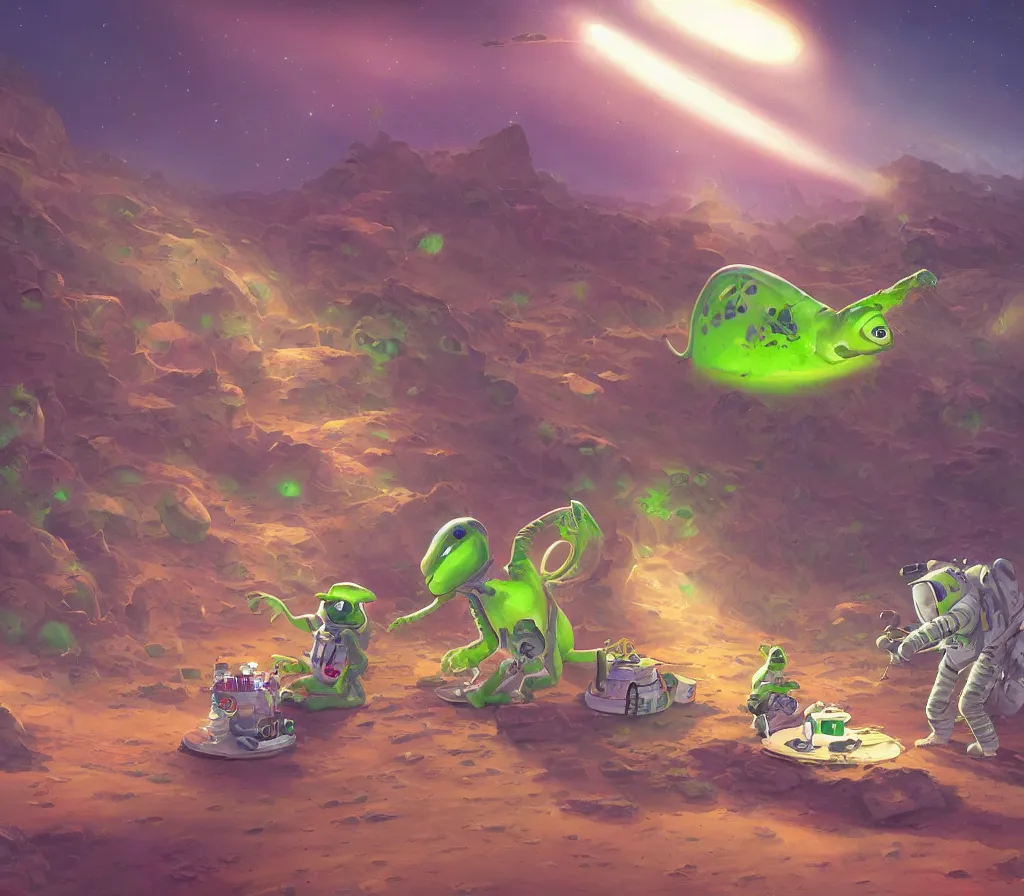 Image similar to An astronaut is having a picnic with a green alien and some dinosaurs on Mars, by Jordan Grimmer, digital art, trending on Artstation,