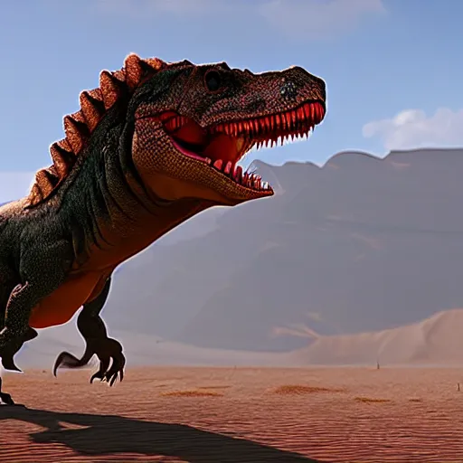 Prompt: an angry dinosaur in desert, unreal engine, cinemtic