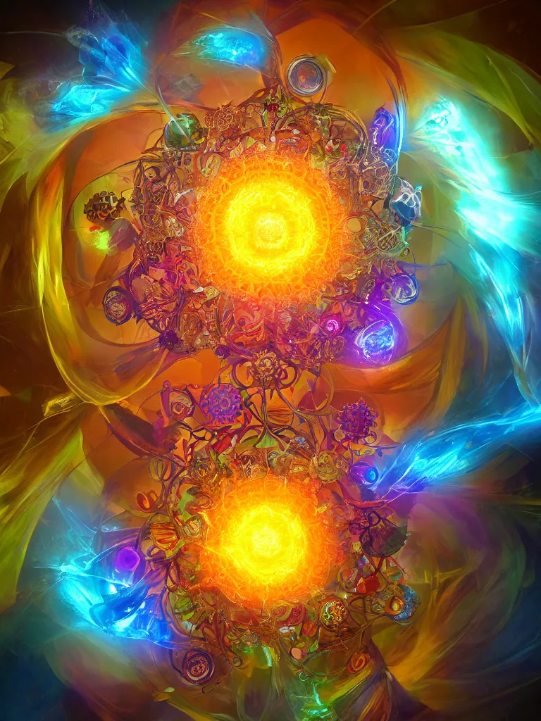 Image similar to a detailed depiction of the chakra energy fields spiraling fractal sacred geometry, by justin gerard and craig mullins, 3 d, cinema 4 d render, trending on artstation, 8 k