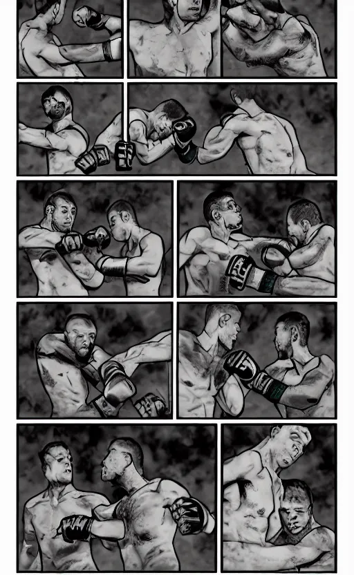 Image similar to a comic page of a mma fight