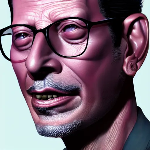 Image similar to close - up jeff goldblum face fused with violet plum, mixed jeff goldplum, fusion jeff goldblum sentient fruit, plum with face of jeff goldblum, highly detailed, unreal engine, 3 d art, digital art, painting by greg rutkowski