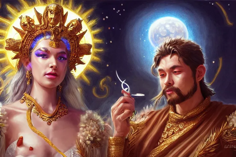 Image similar to close up moment of a divine a sun god and a moon goddess lovers magician at a wedding banquet, highly detailed, d & d, fantasy, highly detailed, digital painting, trending on artstation, concept art, sharp focus, illustration, art by artgerm and greg rutkowski and magali villeneuve