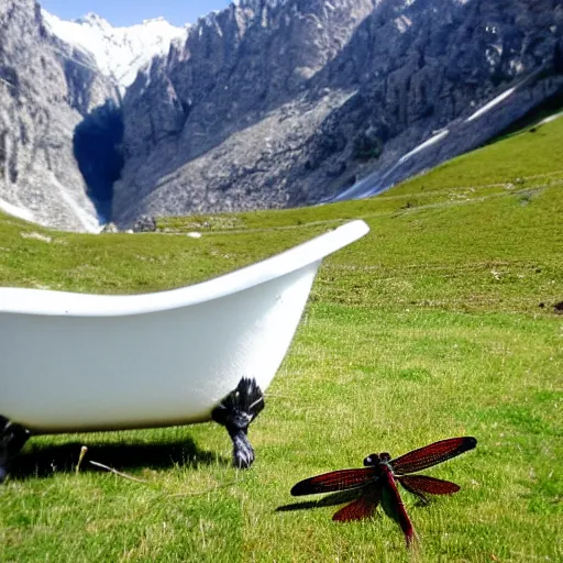 Image similar to dragonfly in a bathtub in the alps, goats!!!!!!!! in background