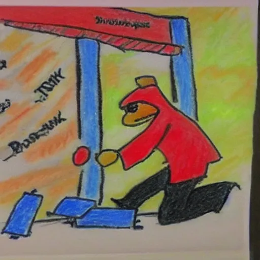 Prompt: a bank robbery drawn by a child, crayons,