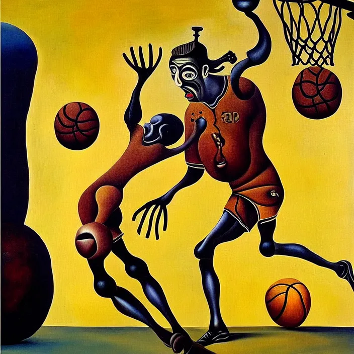 Image similar to a basketball with legs, by salvador dali, oil on canvas, funny, silly, intricate details