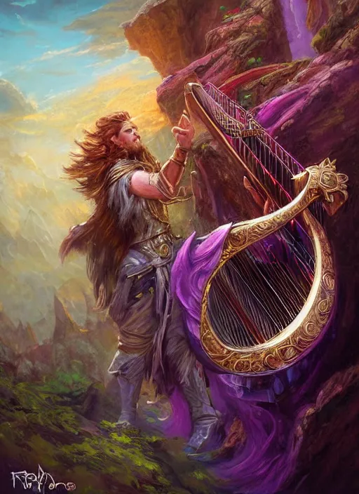 Image similar to bard playing the harp, ultra detailed fantasy, dndbeyond, bright, colourful, realistic, dnd character portrait, full body, pathfinder, pinterest, art by ralph horsley, dnd, rpg, lotr game design fanart by concept art, behance hd, artstation, deviantart, hdr render in unreal engine 5