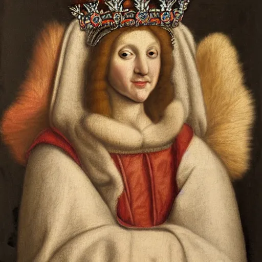 Prompt: a renaissance style portrait painting of fluffy wolf, wearing a crown and cape, dark background