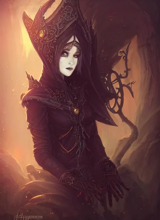 Prompt: portrait of beautiful elf necromancer in graveyard, steampunk black hood, gloom, detailed face, black skin, glowy gold eyes, golden accessories, floating, high fantasy, dnd, highly detailed, smooth, sharp focus, digital illustration, by artgem, rossdraws, sakimichan