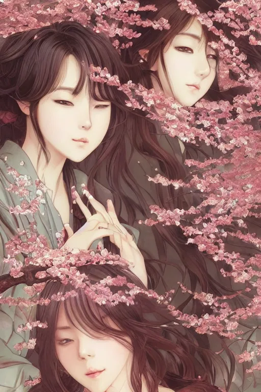 Prompt: beautiful cottagecore anime BTS k-pop band, phone wallpaper. intricate, elegant. the background is cherry blossoms !. highly detailed, digital painting, artstation, concept art, smooth, sharp, focus, illustration. . art by artgerm and greg rutkowski and alphonse mucha, in the style of japanese manga