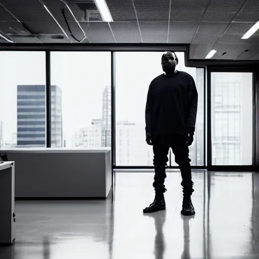 Image similar to kanye west in a long empty office building, the backrooms, dramatic lighting, 4 k, highly detailed