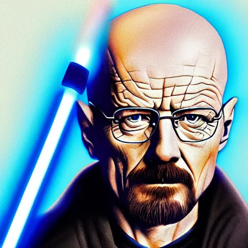 Image similar to Walter white as a Jedi, he holds a blue lightsaber, highly detailed realistic digital art