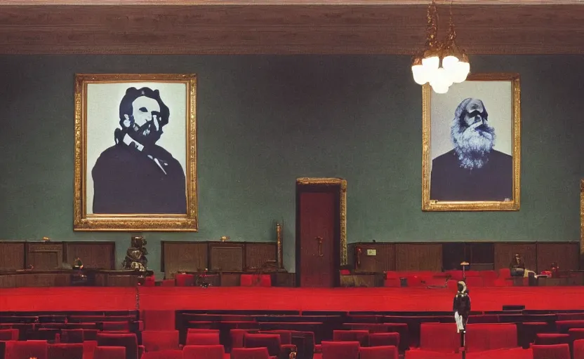 Image similar to 60s movie still of a stalinist style parlement with a giant painting of Karl Marx, by Irving Penn , cinestill 800t 35mm eastmancolor, heavy grainy picture, very detailed, high quality, 4k, HD criterion, precise texture, panoramic, cinematic